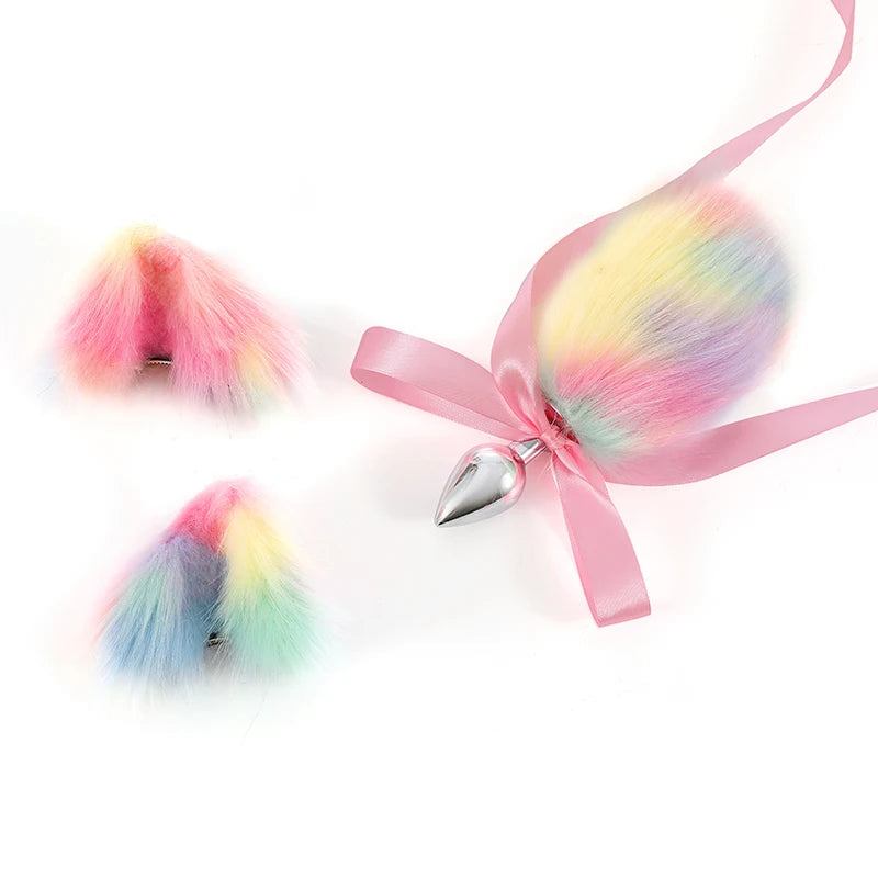 Rainbow metal small cute rabbit bunny headband pink silk fox tail ball anal bead butt plug set sex toy cosplay game men women